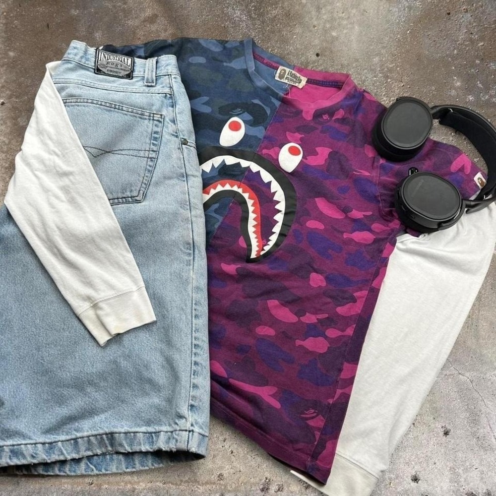 BAPE A Bathing Ape Face Tee Purple Blue Y2K Camo Shark Streetwear Mens L